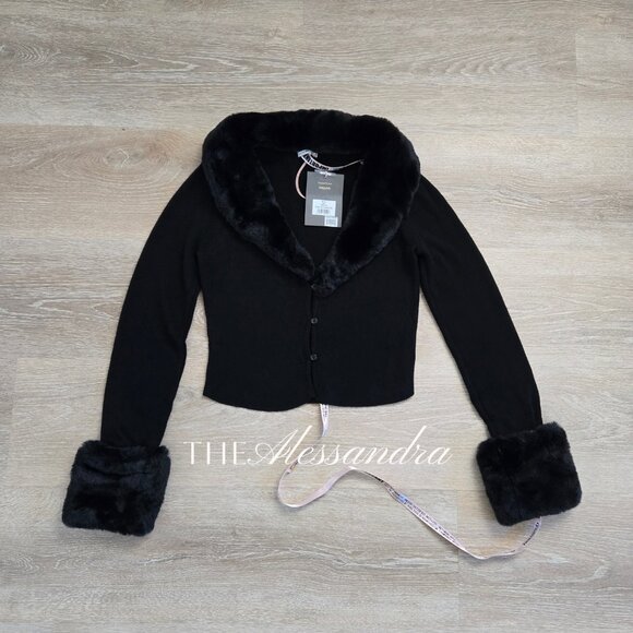 House of CB Sweaters - House of CB Blanche Black Faux Fur Trim Cropped Cardigan Medium New With Tags